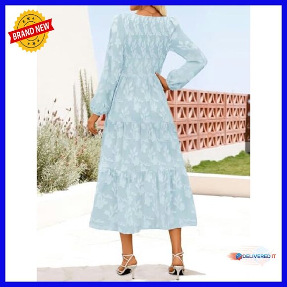 Boho Floral Midi Dress Long Sleeve Crewneck A-Line Fall Wedding Guest - Picture 5 of 8